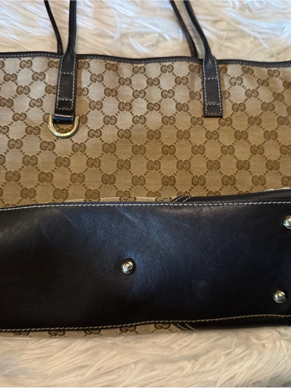 Gucci Beige GG Canvas Tote with Brown Leather Trim